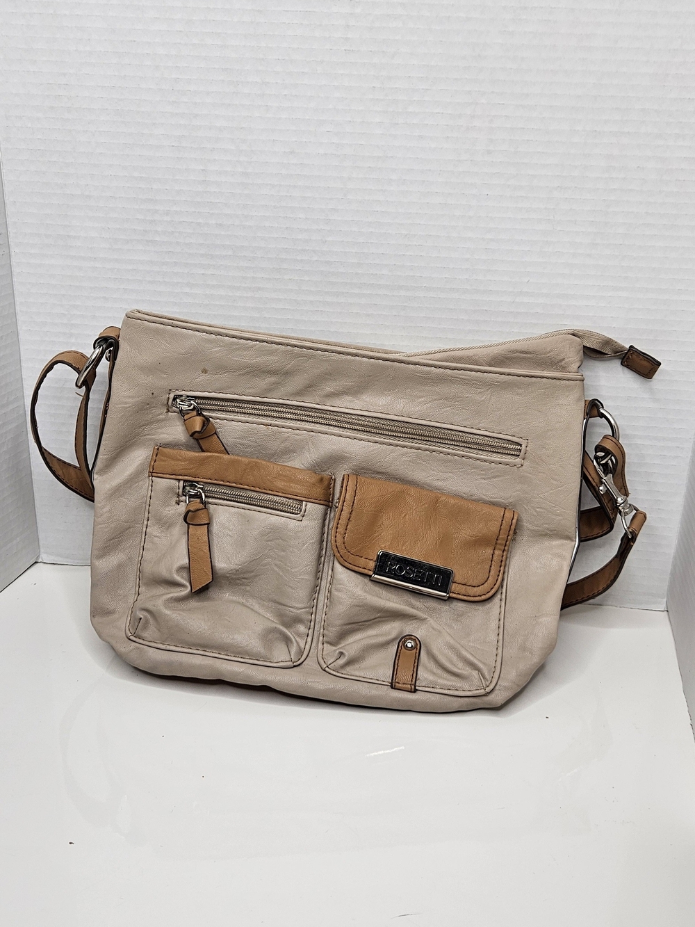 Beige and Tan Crossbody Shoulder Bag with Front Pockets